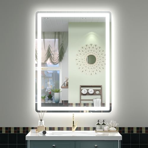 SMIROR 24x32 LED Lighted Bathroom Vanity Mirror with Lights for Wall | Front Lit and Backlit, Rounded-Corner Rectangle, 3 Color, Anti-Fog, Memory, Tempered Glass, UL, Horizontally/ Vertically - color: Frameless, size: 32"L x 24"W