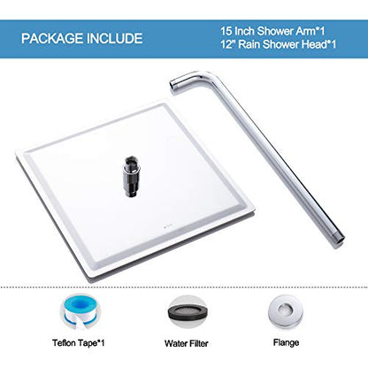 Square Rain Shower Head, High Pressure Rainfall Showerhead, Large Fixed Stainless Steel Polished Chrome Shower Rain, 12 Inch Rainhead and 15 Inch Extension Arm