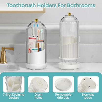 Dustproof Toothbrush Holder, Toothbrush Organizer with 360° Rotating Inner Tray and Sliding Cover, 3-Slot Draining Bathroom Toothbrush Caddy, Vanity Makeup Brush Organizer,Black - color: Black