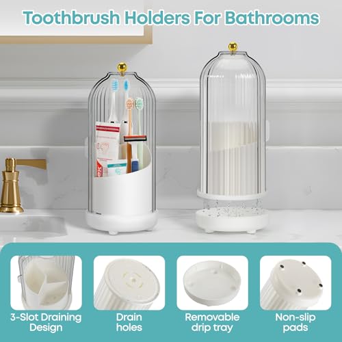 Dustproof Toothbrush Holder, Toothbrush Organizer with 360° Rotating Inner Tray and Sliding Cover, 3-Slot Draining Bathroom Toothbrush Caddy, Vanity Makeup Brush Organizer,White - color: White