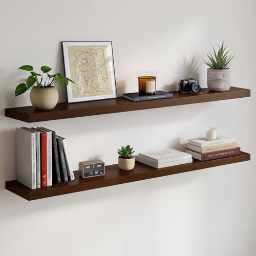 48 inch Walnut Floating Shelf, High End Solid Real Wood Large 48inch Floating Shelves for Wall, Dark Brown 48 inches Long Floating Shelves, Heavy Duty Bracket, 48 X 6.5 X 1.75 inch, Set of 2 - color: American Walnut - Satin Dark Tone, size: 48 inch
