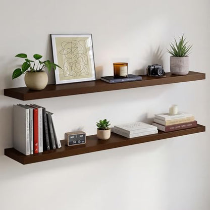 48 inch Walnut Floating Shelf, High End Solid Real Wood Large 48inch Floating Shelves for Wall, Dark Brown 48 inches Long Floating Shelves, Heavy Duty Bracket, 48 X 6.5 X 1.75 inch, Set of 2 - color: American Walnut - Satin Dark Tone, size: 48 inch