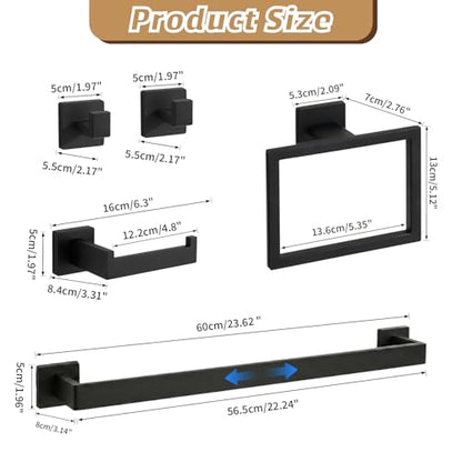 5-Pieces Matte Black Bathroom Accessories Set, 24 Inch Bath Towel Bar Set, SUS 304 Stainless Steel Bathroom Hardware Set, Towel Racks for Bathroom Wall Mounted - color: H-24 Matte Black