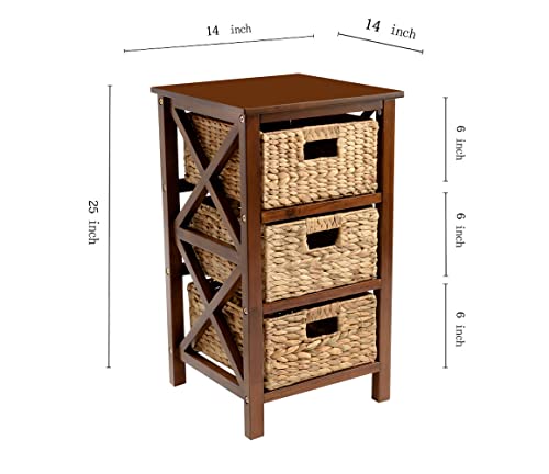 3 Tier X-Side End Storage Cabinet, Walnut | 3 Wicker Baskets - color: Walnut, size: 14"D x 14"W x 25"H (3 Drawers)