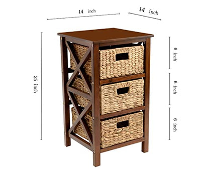 3 Tier X-Side End Storage Cabinet, Walnut | 3 Wicker Baskets - color: Walnut, size: 14"D x 14"W x 25"H (3 Drawers)