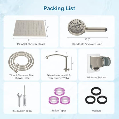 Hibbent All Metal 8" High Pressure Rain Shower Head Combo, Brushed Nickel | cUPC Certified Rainfall Shower Head with handheld 10 Sprays, 16'' Adjustable Extension Arm, 71'' Hose, Showerhead Holder - color: Brushed Nickel, style: Square 8''