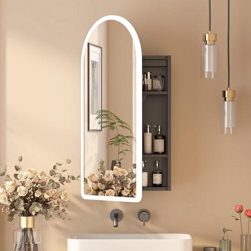 Black Arched Medicine Cabinet With Mirror, Recessed Lighted Medicine Cabinet For Bathroom, Led Bathroom Vanity Mirror with Storage,3-Color Lighted Mirrored Cabinet Wall Mounted With Defogger