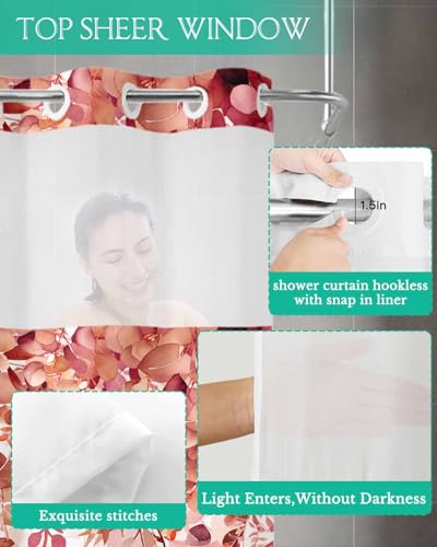 No Hook Shower Curtain and Snap in Liner Set, Red Eucalyptus Fabric Bathroom Stall Shower Curtains 48x72, See Through Mesh Top Window, Spring Summer Botanical Floral Leaves Country Hotel Style - color: Red, size: 48"W x 72"L (Pack of 1)