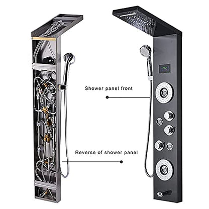 Led Shower Panel Tower System Digital Display Shower Column Thermostatic Shower Panel System, Shower System with Shower Head, Handheld Shower, Body Jets, Tub Spout,Black,Black - color: Black
