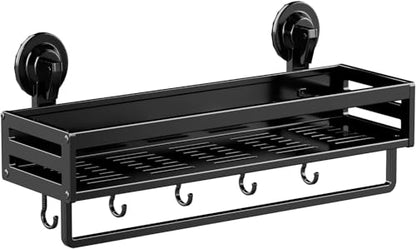 Suction Cup Shower Caddy With 5 Hooks & Towel Rrack 11.8inch Black | No Drilling Shower Organizer with Large Capacity, Rust-resistant Bathroom Organizer, Heavy Duty Shower shelves for Bathroom - size: 11.8 inches(US)