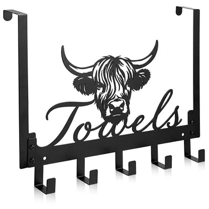 Kathfly Cute Chibi Highland Cow Over the Door Hooks Towel Hooks Heavy Duty Hanging Towel Rack Over Door Hanger, 5 Coat Hanger for Bedroom Bathroom Kitchen - color: Black, style: Cute Chibi Highland Cow