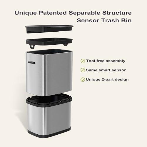 Furnify 16 Gallon / 60L Kitchen Trash Can, Motion Sensor Trash Bin with Lid | Large Capacity Touchless Garbage Waste Bin, Waterproof Brushed Trash Bin, Trash Can for Kitchen Bedroom Bathroom - color: Light Silver