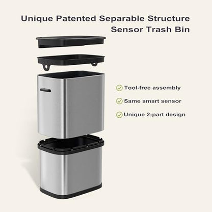 Furnify 16 Gallon / 60L Kitchen Trash Can, Motion Sensor Trash Bin with Lid | Large Capacity Touchless Garbage Waste Bin, Waterproof Brushed Trash Bin, Trash Can for Kitchen Bedroom Bathroom - color: Light Silver
