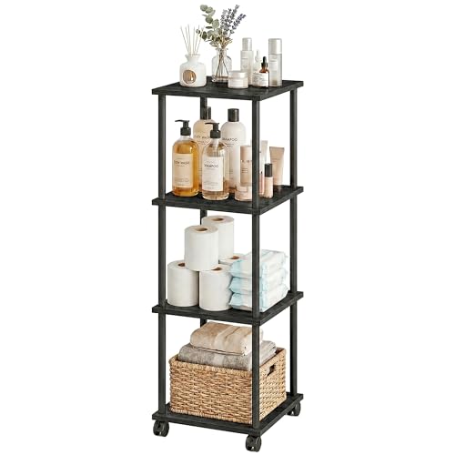 4-Tier 38.2" Tall Black Bathroom Shelving Unit with Wheels | Wood Finish, Metal Frame, Rolling Narrow Open Shelf Design, for Laundry Room, Kitchen, Living Spaces, Easy to Move - color: Black, size: 4-Tier