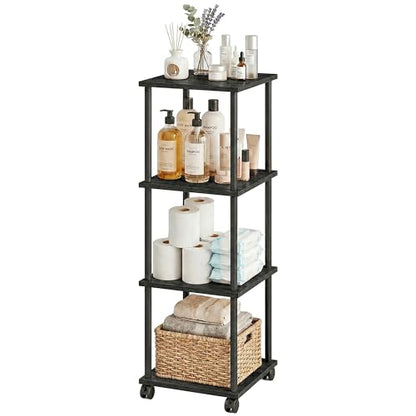 4-Tier 38.2" Tall Black Bathroom Shelving Unit with Wheels | Wood Finish, Metal Frame, Rolling Narrow Open Shelf Design, for Laundry Room, Kitchen, Living Spaces, Easy to Move - color: Black, size: 4-Tier