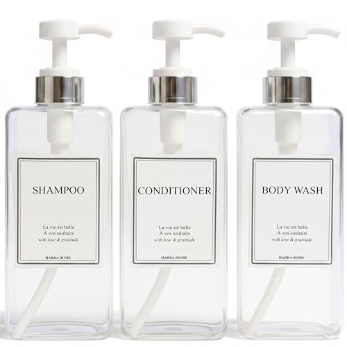Modern Design Shampoo and Conditioner Dispenser, Large 27oz Shower Soap Dispenser, Set of 3 Refillable Empty Plastic Pump Bottles for Bathroom, 6 Waterproof Labels Included, (Clear & Silver) - color: Clear & Silver