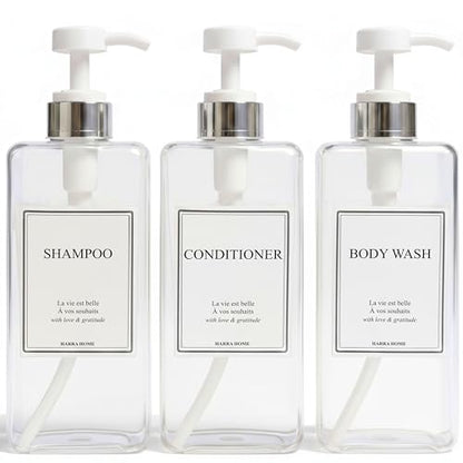 Modern Design Shampoo and Conditioner Dispenser, Large 27oz Shower Soap Dispenser, Set of 3 Refillable Empty Plastic Pump Bottles for Bathroom, 6 Waterproof Labels Included, (Clear & Silver) - color: Clear & Silver