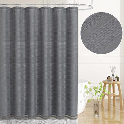 Extra Long Boho Farmhouse Shower Curtain with Tassel, Linen Bohemian French Country Chic Bathroom Shower Curtain Set, Modern Striped Textured Shower Curtain 72x84 - Grey - color: Grey, size: 72"W x 84"L (Pack of 1)