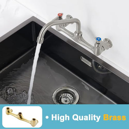 Wall Mount Commercial Sink Kitchen Faucet 8 Inch Adjustable Center | 8 Inch 360 Swivel Spout, Lead-free Brass, For Restaurant Laundry Utility Room, Easy to Install, CUPC NSF Certified - color: Gold, size: 8 Inch Spout