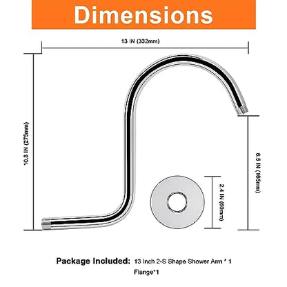 S Shaped Shower Arm, High Rise Shower Head Extension Pipe Standard 1/2" Connection with Flange, Awesome Shower Experience-Stainless Steel Bathroom Accessory(13 Inch 2-S Shape, Chrome Finish) - color: Chrome Finish, style: 13" 2 Shape