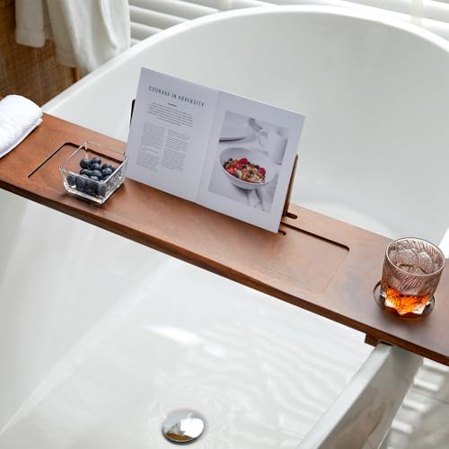 Wood Bathtub Tray Caddy - 35" Non-Slip Luxury Bath Board for Freestanding Tub - Premium Wood Bathtub Organizer with Wine Glass, Book & Phone Holder for Spa Relaxation, Gift Ideas