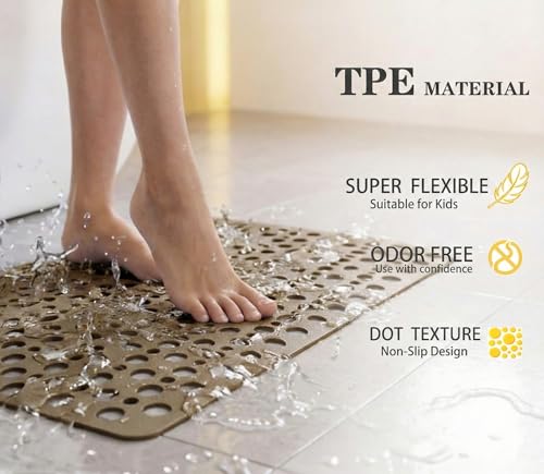 Nonslip Bath Tub Shower Mat with Suction Cups, Extra Soft TPE Bath Mat for Kids, Bathtub Bathroom Mats, Machine Washable, Smooth/Non-Textured Tubs Only, 35L x 16W Inch(Brown) - color: Brown, size: 35" x 16" (Rectangular)