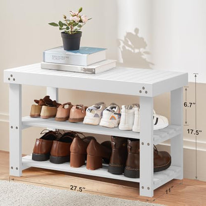 Pipishell Bamboo Shoe Rack Bench, 3-Tier Sturdy Shoe Organizer, Storage Shoe Bench, Holds up to 300lbs for Entryway Bedroom Living Room Balcony (White) - color: White