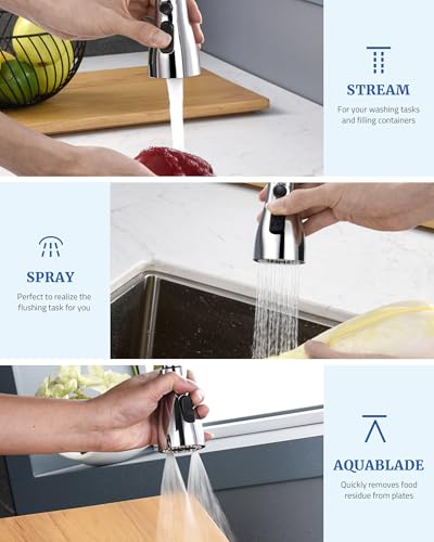 Kitchen Faucet Spray Head Replacement, Pull Down Sprayer with 15 Adapters | Pull Out Faucet Spray Nozzle, 3 Modes Stream/Spray/Strong Spray, DOE CEC Certified, Simple Installation, Chrome - color: Chrome