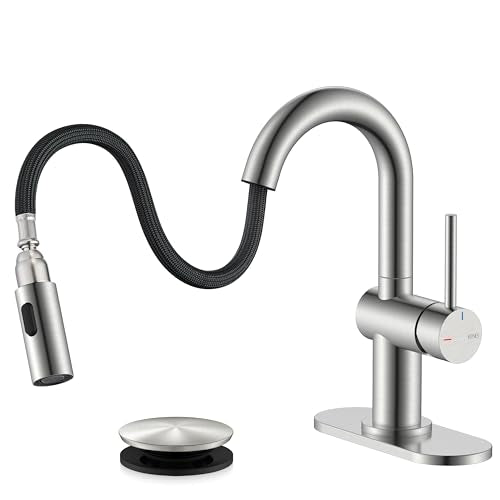 Brushed Nickel Single Handle Bathroom Faucet with Pull Down Sprayer | Bathroom Sink Faucet with Pop Up Drain & 6 Inch Deck Plate, Lead-Free cUPC & NSF Certified, 1 Hole Faucet for Vanity RV Bar - color: Brushed Nickel, size: Short