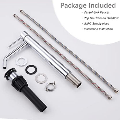 Chrome Tall Bathroom Faucet with Sink Drain and Supply Lines, JXMMP Single Handle Vessel Sink Faucet Chrome Single Hole, Stainless Steel Vessel Faucet JXM1001CP - color: Chrome, size: Tall Faucet