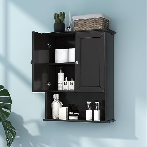 VANIRROR Bathroom Wall Mounted Cabinet 24x30 Inch Over the Toilet Storage | Above Toilet Wood Medicine Cabinets with 2 Door & Adjustable Shelf for Kitchen, Laundry, Entryway,Durable MDF Construction - color: Black With Silver Handle, size: 24x30