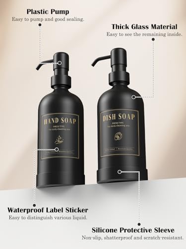 Luxspire 17 oz Glass Liquid Soap Dispenser Set, Black + Dark Gray, 2 Pack | Anti-drip pump, wide mouth easy refill, non-slip silicone base, 7 waterproof labels, refillable glass for hand dish soap - color: Black+gray