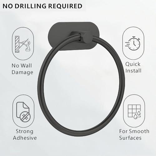 Self-Adhesive Towel Ring, No Drill Stainless Steel Round Hand Towel Holder, Rustproof Waterproof Towel Hanger with Strong Sticky Base, Modern Wall-Mounted Towel Loop for Bathroom Kitchen (Matte Black) - color: Matte Black