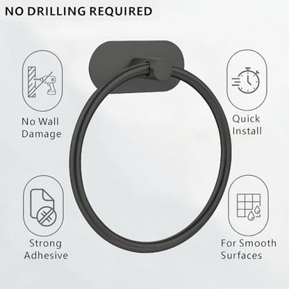Self-Adhesive Towel Ring, No Drill Stainless Steel Round Hand Towel Holder, Rustproof Waterproof Towel Hanger with Strong Sticky Base, Modern Wall-Mounted Towel Loop for Bathroom Kitchen (Matte Black) - color: Matte Black