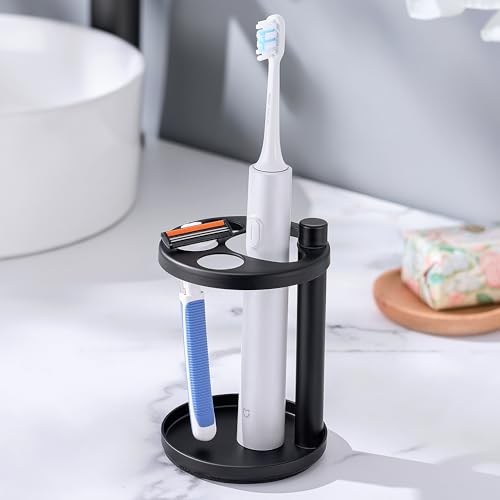 Toothbrush & Toothpaste Holder for Bathroom Countertop, Metal Electric Toothbrush Stand with Razor Slot, Ideal Design Caddy for Kids & Family, Black - color: Black