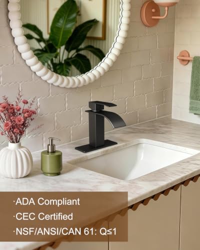 Waterfall Single Handle Bathroom Sink Faucet with Drain Black | Matte Black Vanity Faucet with Pop-up Drain, Ceramic Valve, for 1 or 3 Hole Modern Bathrooms. - color: Matte Black