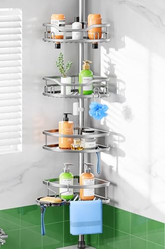 HAMITOR Shower Caddy Tension Pole: Rustproof Quick Install Corner Bathroom Organizer Shelf on Floor for Renters - 4-Tier Large Capacity Storage Rack with Soap Holder for Apartment -47-121 Inch/Silver - color: Silver Gray