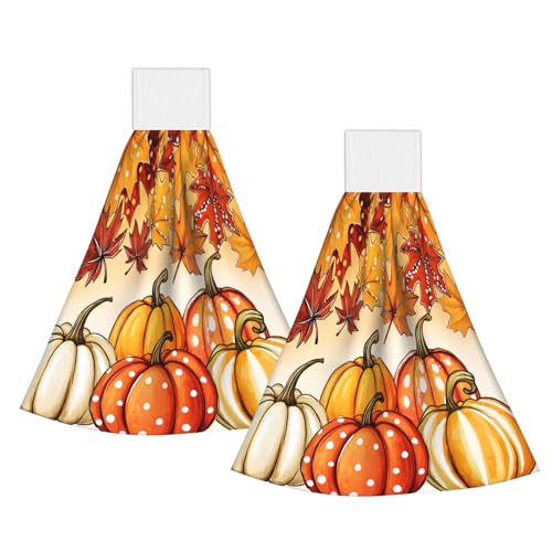 Giwawa Autumn Pumpkin Hanging Hand Towels Set of 2 Maple Leaves Bath Tie Towel Thanksgiving Absorbent Dish Wipe Washcloth for Kitchen Tabletop Room - color: Pumpkin Maple Leaf