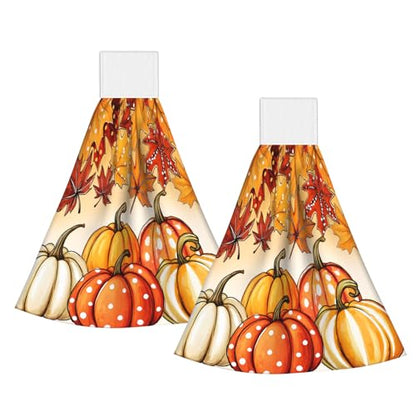 Giwawa Autumn Pumpkin Hanging Hand Towels Set of 2 Maple Leaves Bath Tie Towel Thanksgiving Absorbent Dish Wipe Washcloth for Kitchen Tabletop Room - color: Pumpkin Maple Leaf