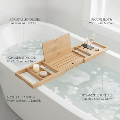 Adjustable Bathtub Organizer Tray with Drink Holder & Phone Slots, Natural Bamboo Bath Caddy for Standard Tubs