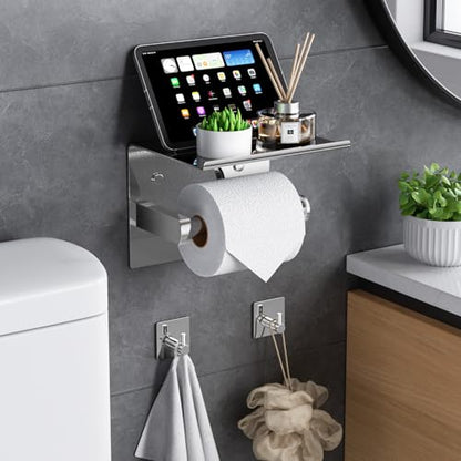Tindbea Mega Size Toilet Paper Holder with Shelf + Towel Robe Hooks, Adhesive or Screw Wall Mounted Toilet Paper Roll Holder, Stainless Steel Bathroom Hardware Set (Polished Chrome) - color: Polished Chrome, size: Large