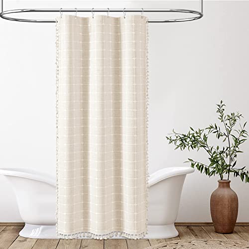 Stall Boho Farmhouse Linen Fabric Shower Curtain, 36x72, Cream/Beige | Half Size, 330GSM Linen Blend, 3-side Tassels, Water Repellent Cloth, 6 Plastic Hooks, Rustic Bohemian, Machine Washable - color: A - Cream, size: 36"W x 72"L (Pack of 1)