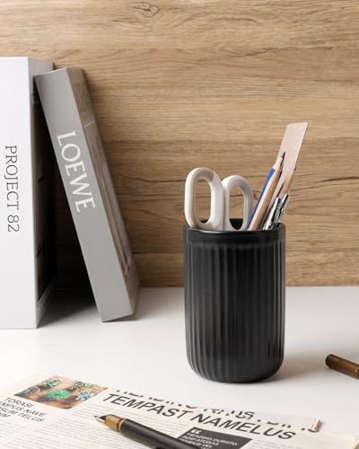 BosilunLife Ceramic Toothbrush Holder - 12oz Bathroom Toothbrush Holder Tooth Brush Holders Tumbler Cups Reusable Toothbrush Mouthwash Cup Small Toothbrush and Toothpaste Holder, Striped Black - color: Black-vsc, size: striped-cylinder