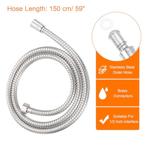 uxcell Shower Hose 59 Inches Extra Long Stainless Steel Handheld Shower Flexible Hose Replacement with Brass Connectors Anti-Explosion Anti-Kink Leakproof Hose, Silver - color: Silver, size: 1.5 m