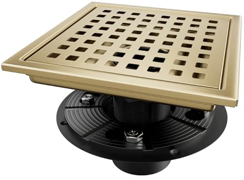 Square Shower Drain Gold Brushed 6 inch with Removable Grid Panel | AISI 304 Stainless Steel Shower Floor Drain with Detachable Hair Catcher Flange Lifting Hook Fits Bathroom Balcony Kitchen - color: Gold, size: 6 inch+Base