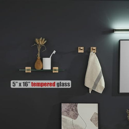 JQK Bathroom Glass Shelf, Floating Tempered Glass Shower Storage 16 by 5 inches, 304 Stainless Steel Champagne Bronze Wall Mount, TGS201L16-CB - color: Champagne Bronze, size: 16 Inch