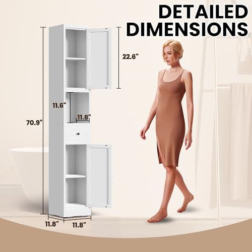 71 Inch Tall Narrow Bathroom Storage Cabinet, Slim Metal Freestanding Floor Cabinet with Doors, Adjustable Shelves, Drawer & Open Shelf, Bathroom Organizer for Small Spaces, White