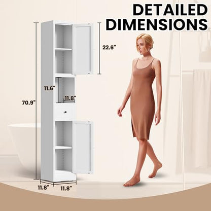 71 Inch Tall Narrow Bathroom Storage Cabinet, Slim Metal Freestanding Floor Cabinet with Doors, Adjustable Shelves, Drawer & Open Shelf, Bathroom Organizer for Small Spaces, White