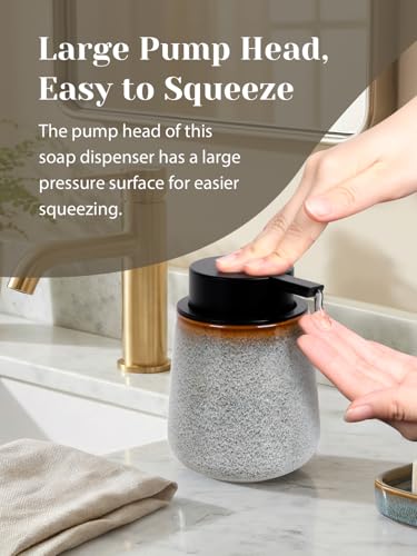 INGOFIN Ceramic Lotion Dispenser - 12 oz Refillable Hand Soap Dispenser Bathroom, Modern Liquid Dispenser with Pump, Dish Soap Dispenser for Kitchen, Kiln-Glazed Grey White - color: Grey and White