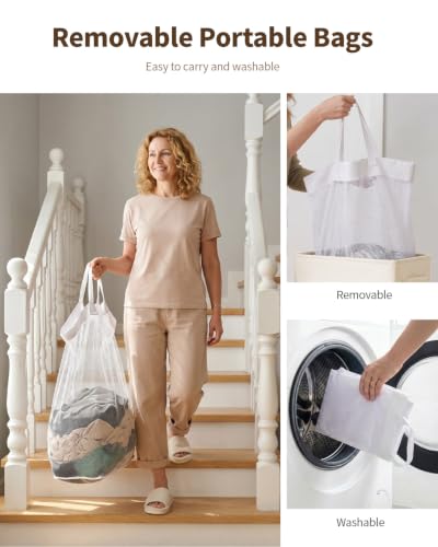 85L Laundry Hamper with Lid, Large Hamper for Clothes, Off White | Foot Loop & Removable Bag Easy to Lift and Carry, Tall & Collapsible Laundry Basket for Bathroom, Bedroom, Laundry Room, Dorm - color: Beige